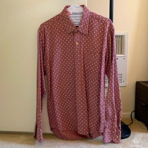 Max’s cotton supply red polka dot shirt